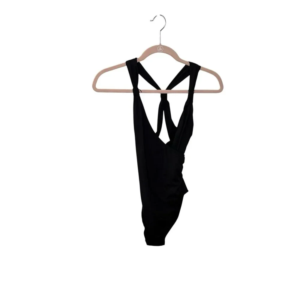 AK Anne Klein Black Wrap Front  Cross Back 1-Piece Swimsuit Size 10 Womens